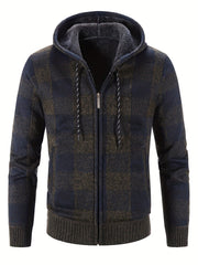 Men's Full Zip Up Casual Hooded Cardigan Plaid Sweater Jacket