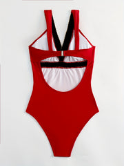 V Neck One Piece Swimsuit Contrast Band Backless High Cut Bathing Suit