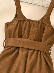 Kids Girls Suspender Overalls Casual Khaki Pants With Bow Belt