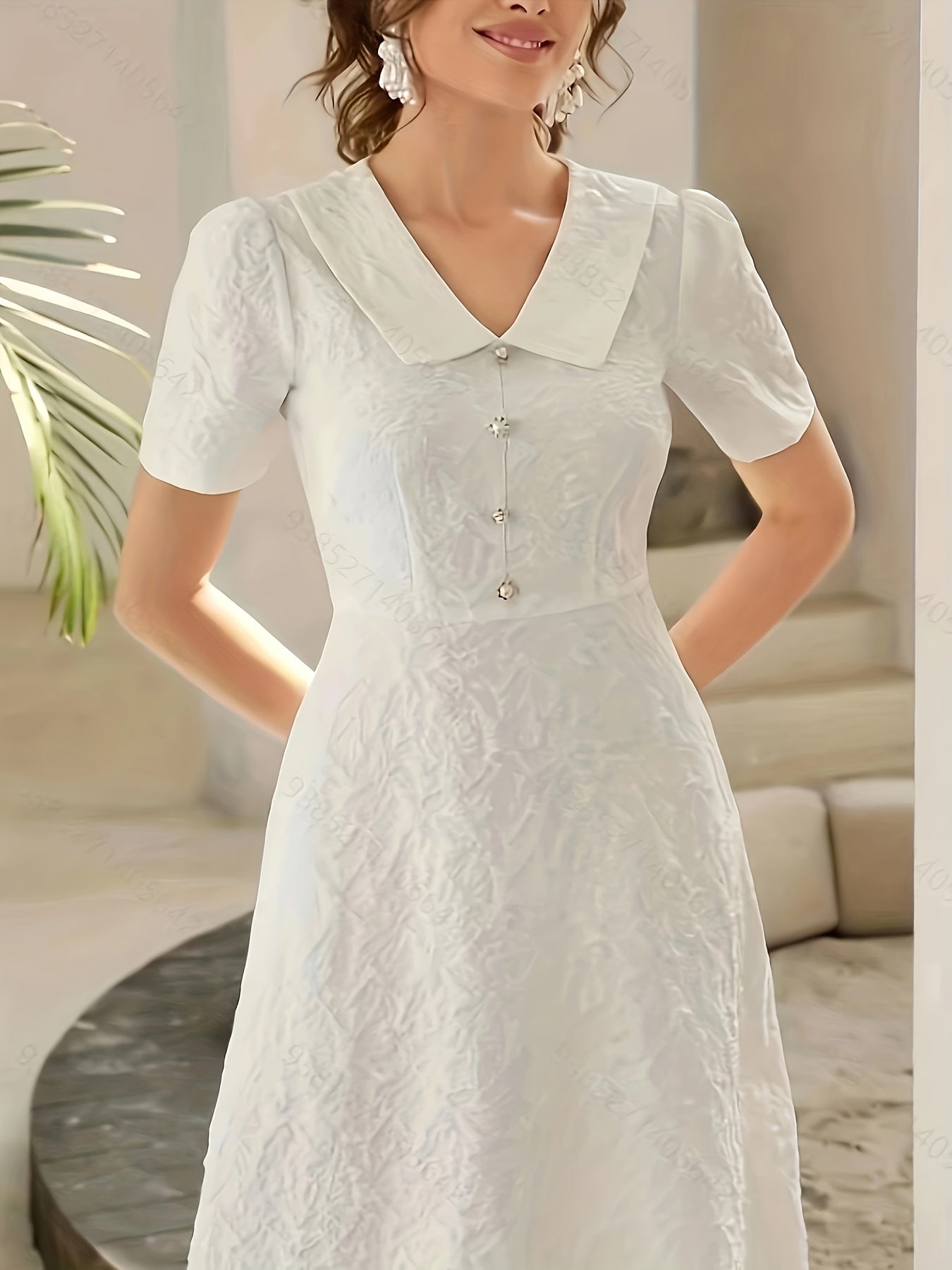 Solid High Waist V Neck Midi Dress Short Sleeve