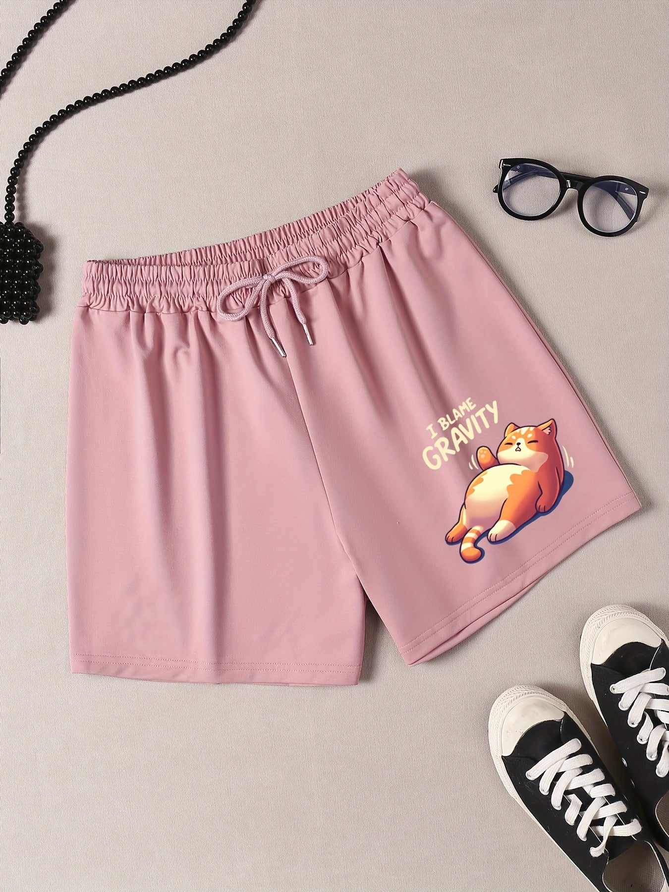 Cartoon Cat Print Elastic Waist Home Wear Shorts