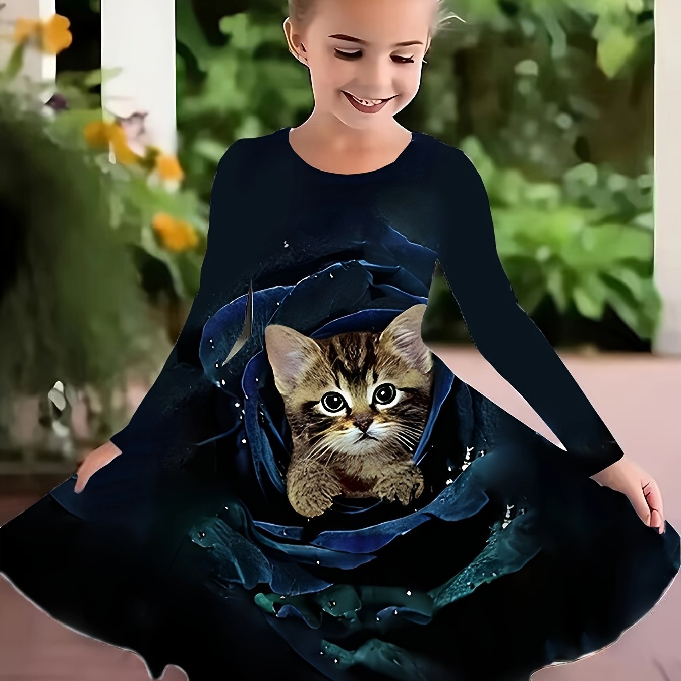 Girls 3D Flower Cat Graphic Crew Neck Long Sleeve Dress