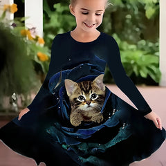 Girls 3D Flower Cat Graphic Crew Neck Long Sleeve Dress