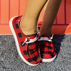 Christmas Red Plaid Pattern Flat Shoes Women's Casual Lightweight Soft