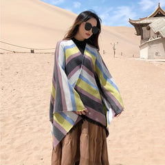 Striped Block Shawl Tassel Wraps Cashmere Large Blanket Scarf Vintage Cardigan