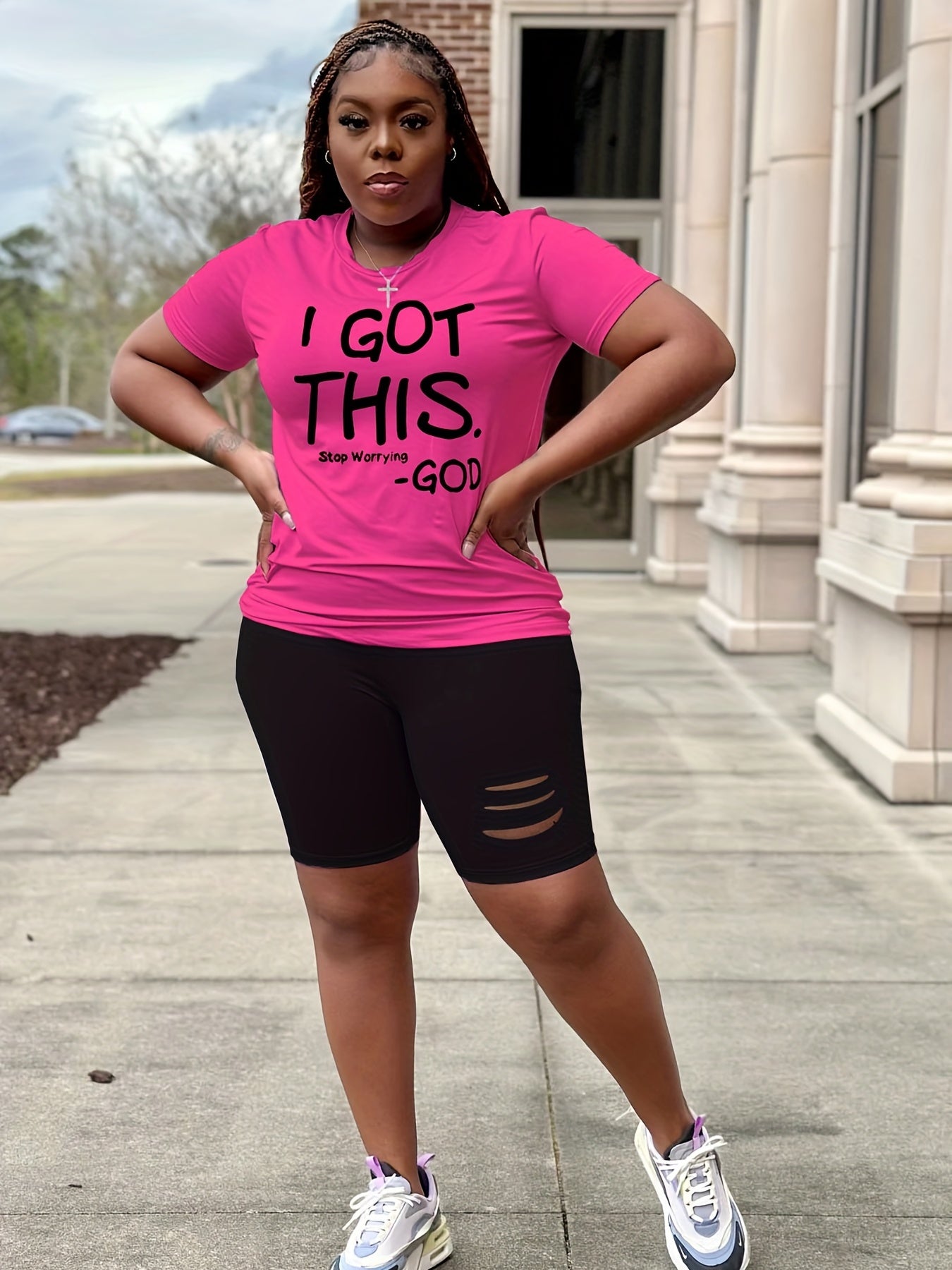 Women's Slogan Print Top & Cut Out Shorts Set