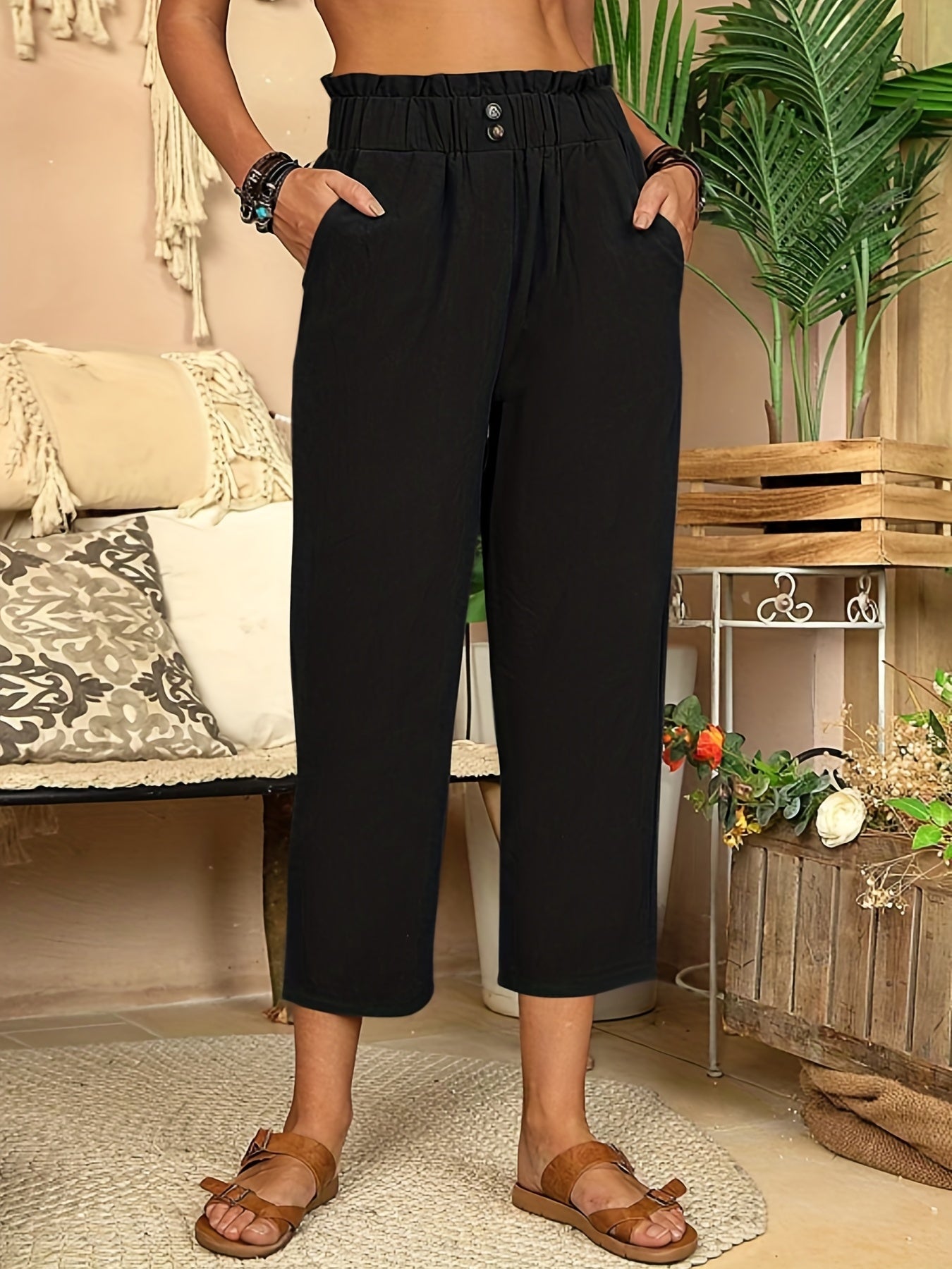 Wide Leg Button Front Casual Pants for Women