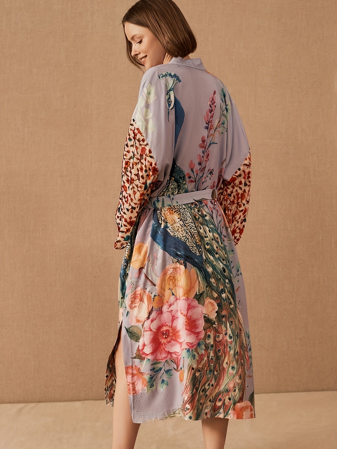 Floral Peacock Print Cover Up Kimono Long Sleeves Loose