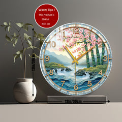 Japanese Landscape Wall Clock Cherry Blossoms Bamboo Mountain Stream