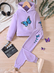 Butterfly Graphic Hoodie and Jogger Pants Sports Suit for Girls
