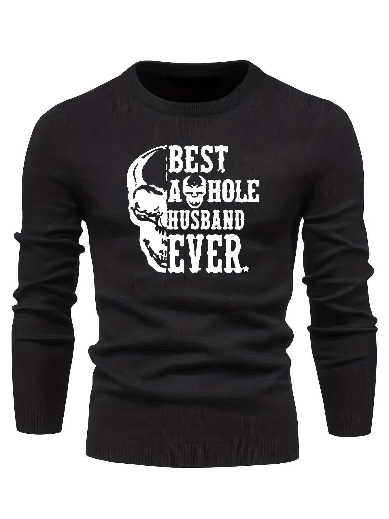 Skull & Letter Print Sweater Men's Casual Retro Style Mid Stretch Crew Neck Pull
