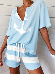 Striped Print Lounge Set V Neck Short Sleeve Top & Lace Up Shorts