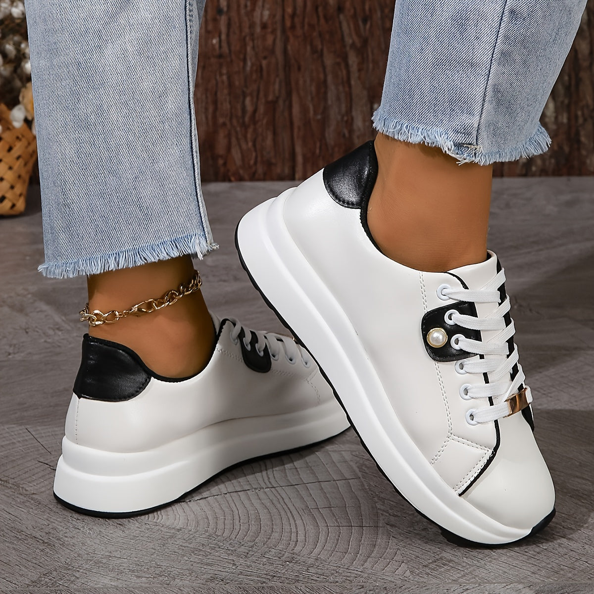 Pearl & Metal Decor Thick Sole Skate Shoes
