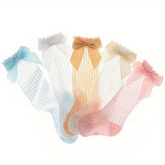5 Pairs Baby Girls Bow Mesh Knee High Socks Toddler Cotton Dress Stockings