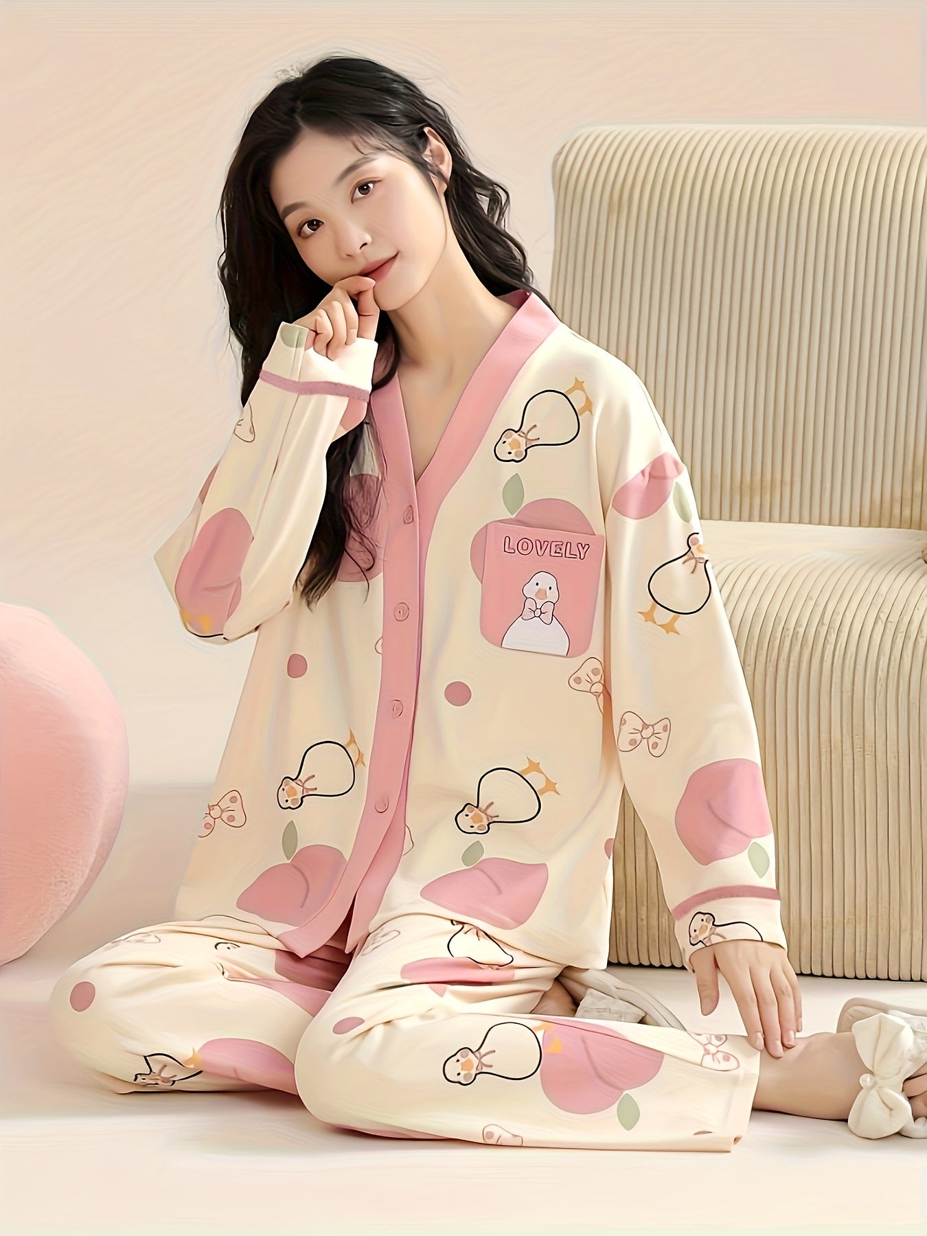 Duck Print Pajama Set Long Sleeve V Neck Top & Pants