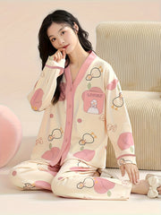 Duck Print Pajama Set Long Sleeve V Neck Top & Pants
