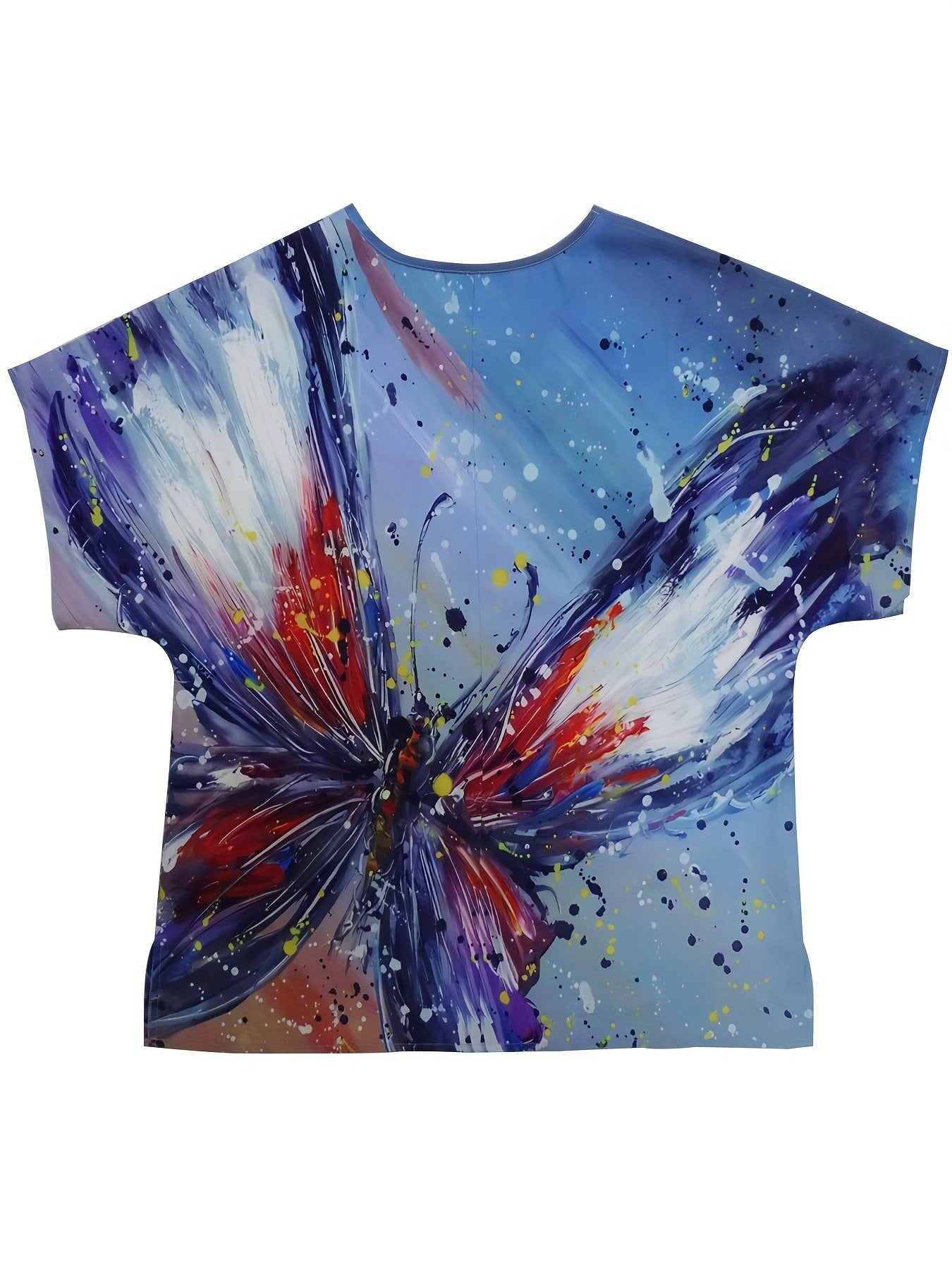Tie Dye Butterfly Print Round Neck Short Sleeve Blouse