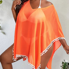 Pompom Trim Semi Sheer Contrast Mesh Cover Up Top Women's Plus