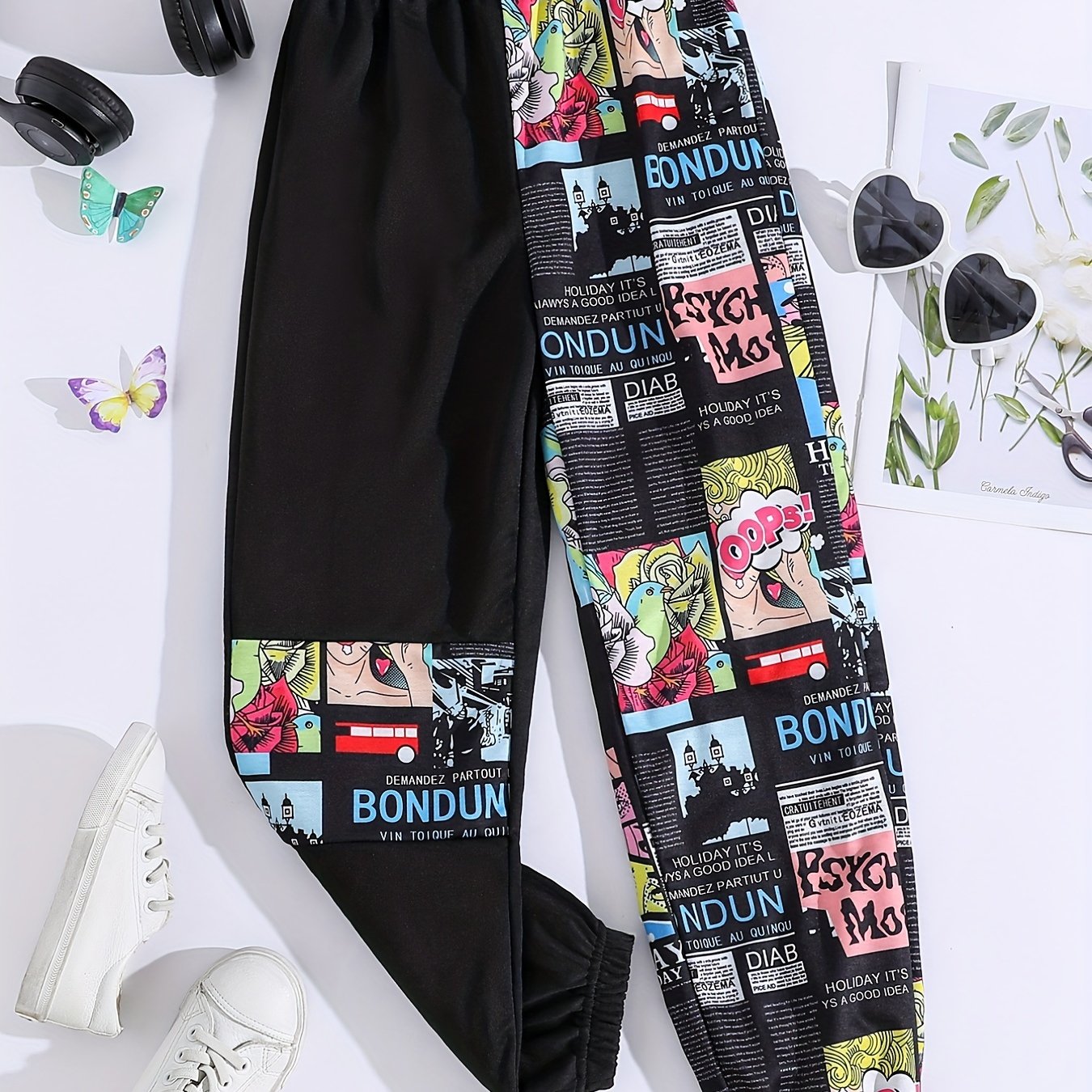 Girls Cartoon Anime Patchwork Sweatpants Elastic Waist Sport Jogger Pants