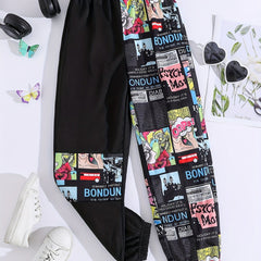 Girls Cartoon Anime Patchwork Sweatpants Elastic Waist Sport Jogger Pants
