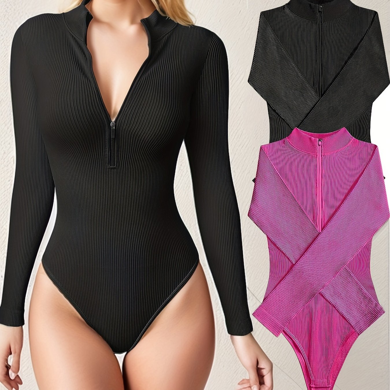 Ribbed Yoga Long Sleeve Zip Jumpsuit Mock Neck Bodysuit
