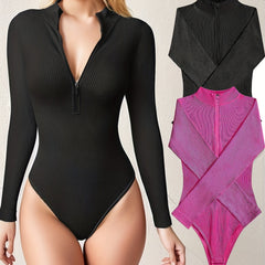 Ribbed Yoga Long Sleeve Zip Jumpsuit Mock Neck Bodysuit