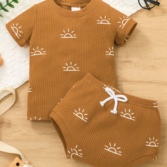 Baby Boys Cotton T shirt Tee Matching Drawstring Shorts With Sun Print