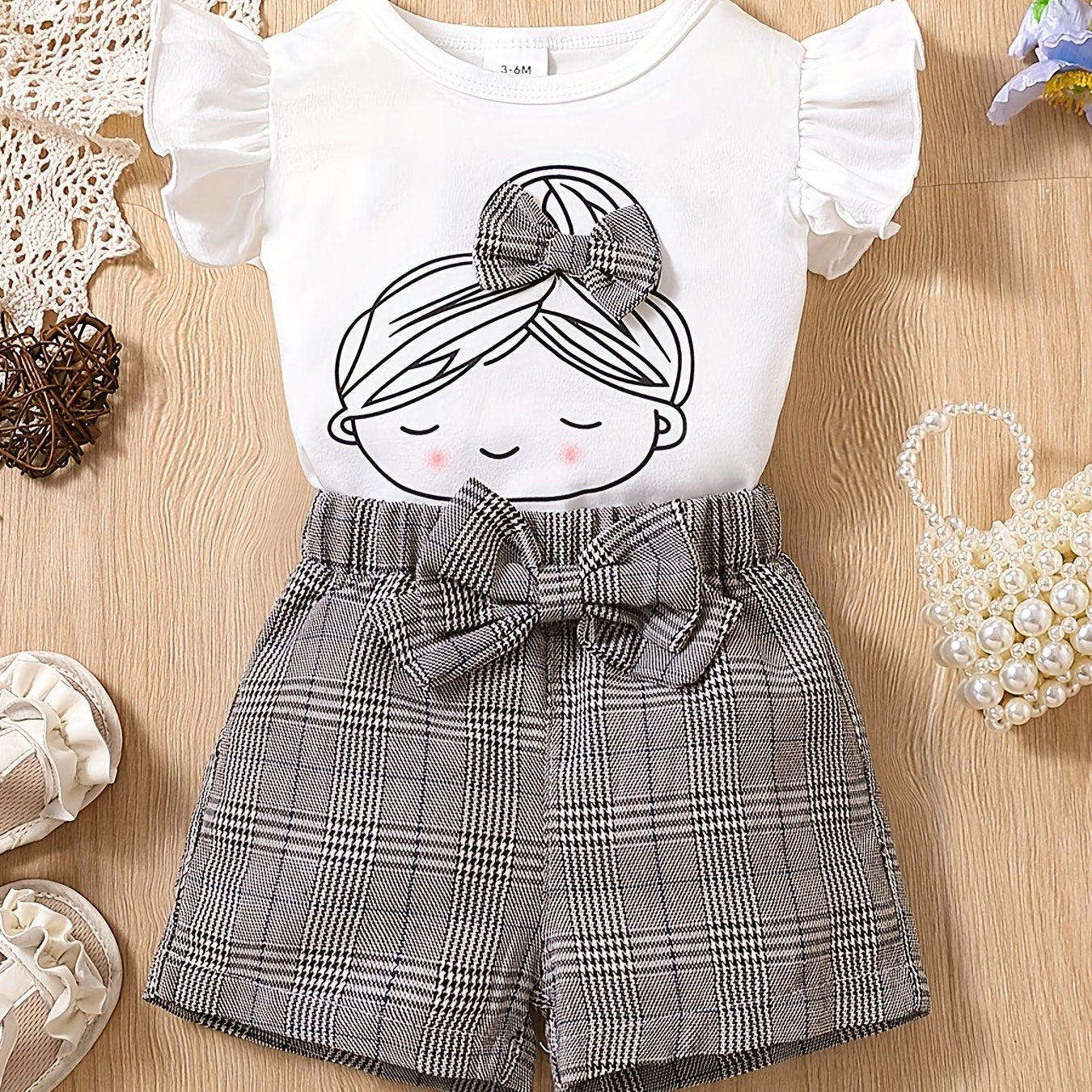 2pcs Baby Girls Graphic Print Ruffle Sleeve T-shirt & Plaid Bow Shorts Set