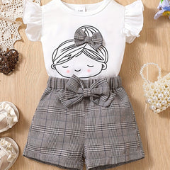 2pcs Baby Girls Graphic Print Ruffle Sleeve T-shirt & Plaid Bow Shorts Set