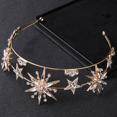Vintage Star Wedding Crown Tiaras Golden Rhinestone Hair Jewelry