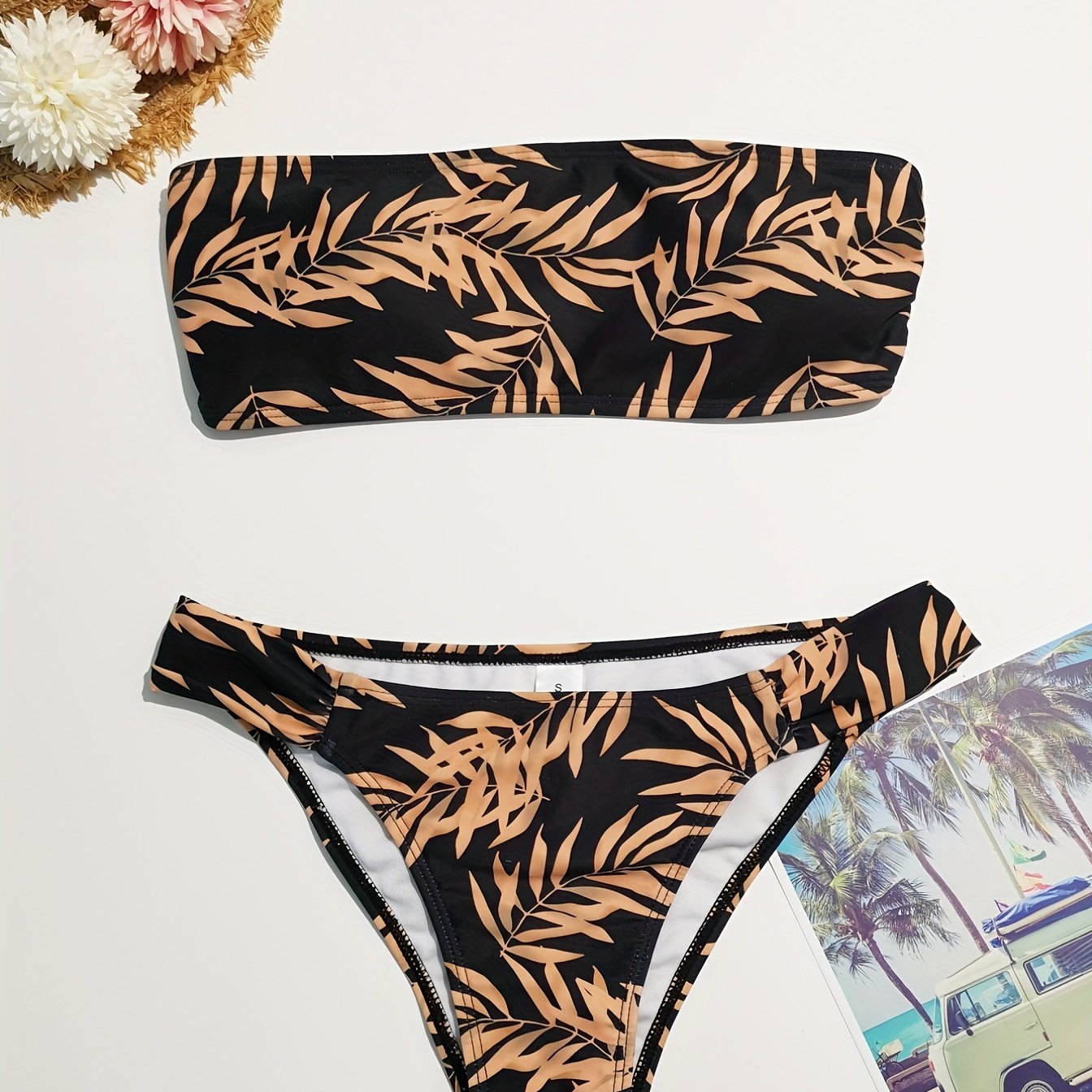 Tropical Print Bandeau Off Shoulder Bikini Set