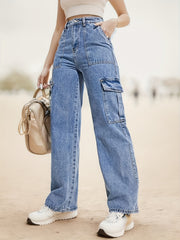High Waist Flap Pockets Cargo Pants Loose Fitting Straight Legs Denim Pants