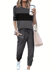 Casual Block Short Sleeve T shirt & Jogger Pants Set