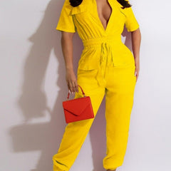Solid Crop Sleeve Blouse Collar Fitted Tie Women Leisure Cargo Jumpsuit