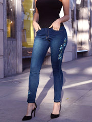 Floral Embroidery Skinny Jeans High Rise Denim Pants Women's Clothing
