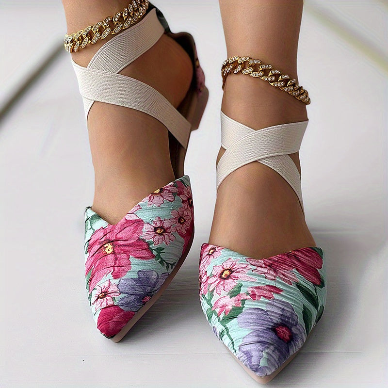 Floral Criss Cross Straps Sandals - Point Toe Flat Shoes