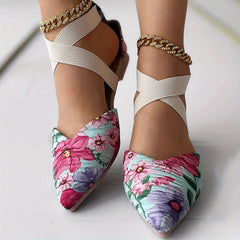 Floral Criss Cross Straps Sandals - Point Toe Flat Shoes