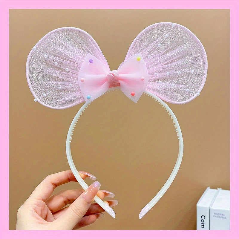 Pink Rabbit Ears Butterfly Head Hoop Girls Non Slip Mesh Hair Accessory