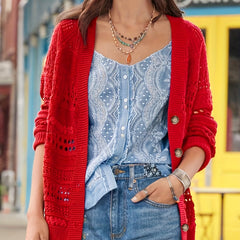 Solid Crochet Knit Long Sleeve Button Up Sweater Cardigan