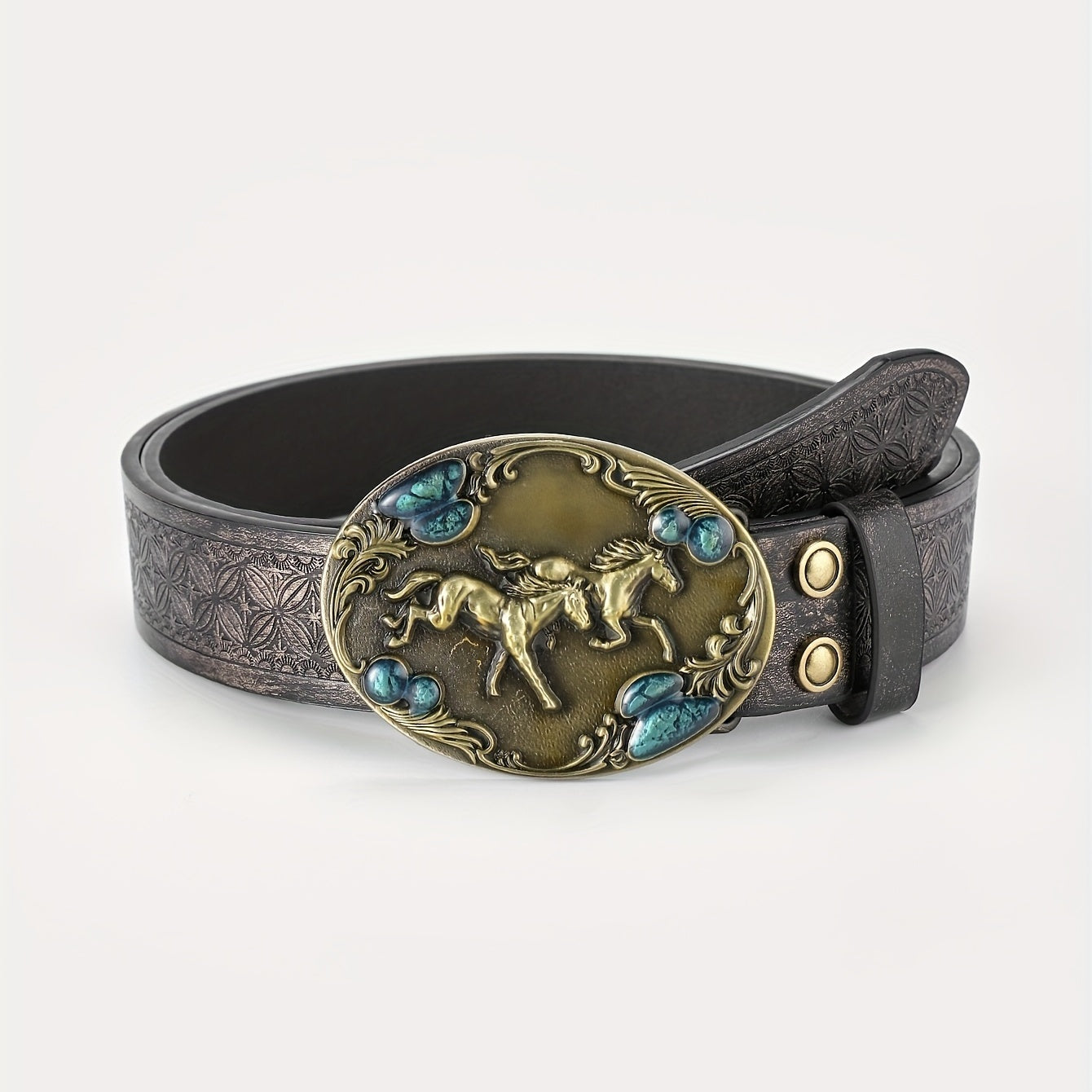 Men's Running Horse Belt PU Leather Floral Casual Jeans Western Cowboy Waist