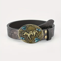 Men's Running Horse Belt PU Leather Floral Casual Jeans Western Cowboy Waist