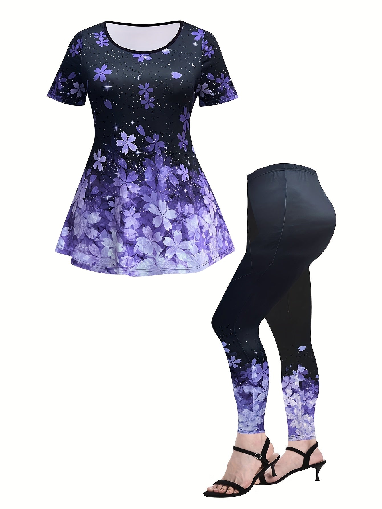 Women's Plus Glitter Floral Print Top & Leggings Set