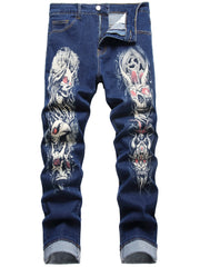 Men's Skull Print Jeans Streetwear Denim Pants