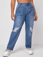 High Rise Ripped Straight Leg Jeans Women's Plus