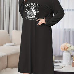 Halloween Bat & Witch Print Long Sleeve Lounge Dress