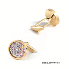 Gold Rhinestone French Cufflinks - Round Cuff Studs