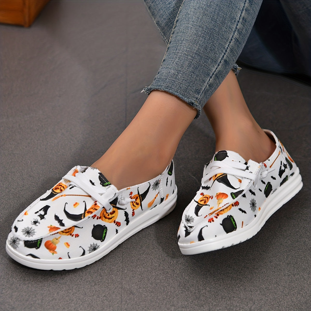 Women's Halloween Canvas Sneakers Ghost Face Pumpkin Print Low Top Flats