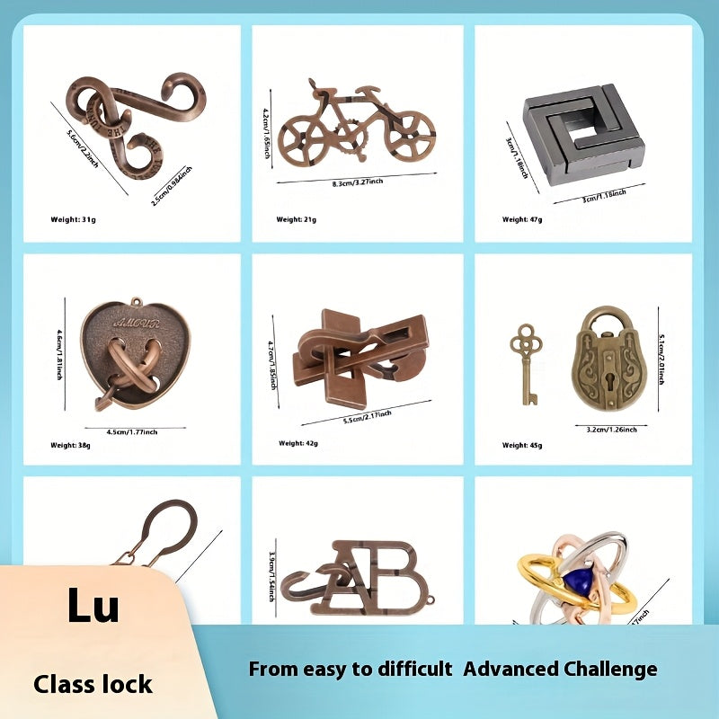 9pc Puzzle Unlocking Kit - Brain Teaser Toy Inspired by Kongming and Luban Locks