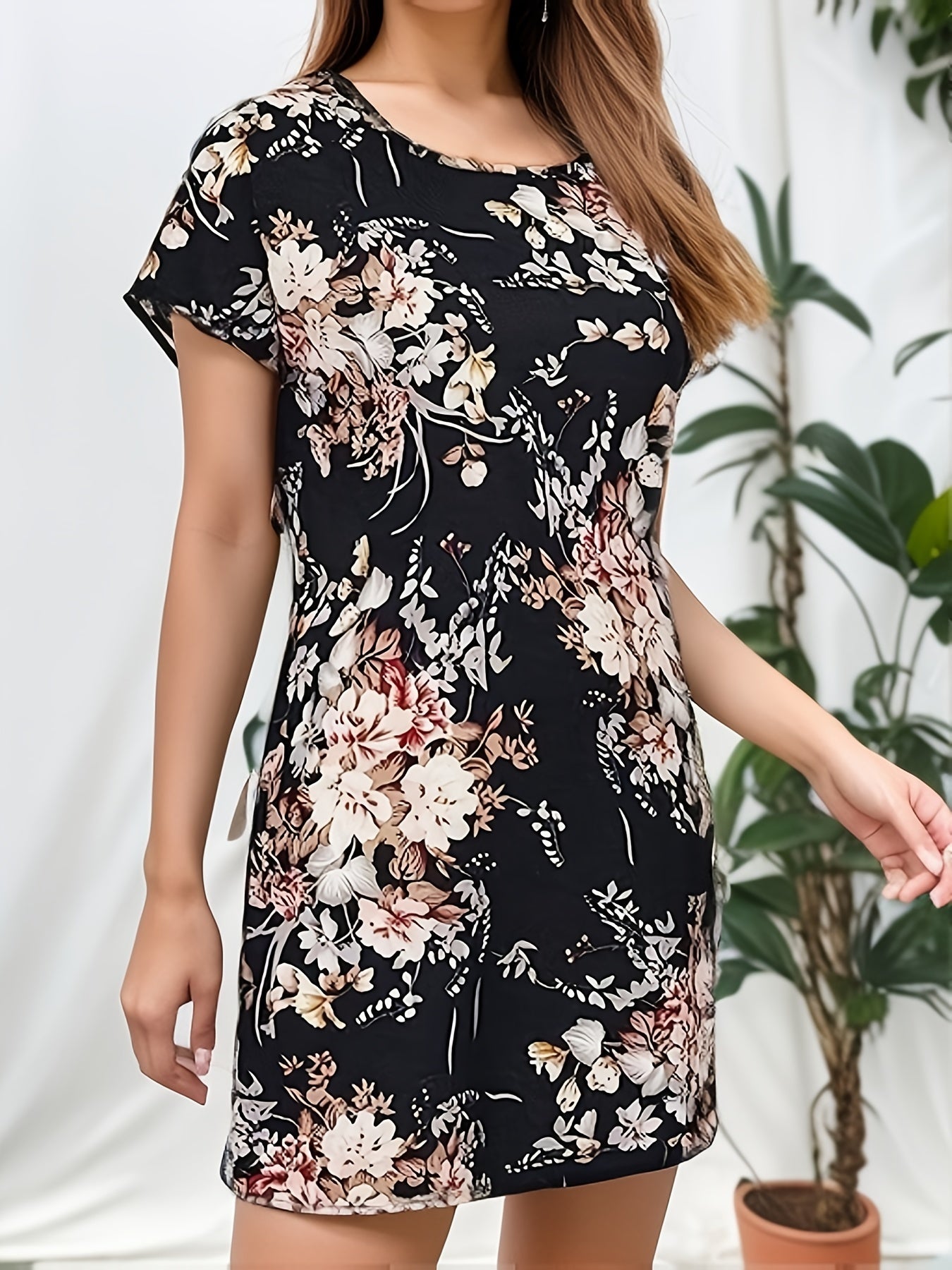 Floral Print Dress Short Sleeve Crew Neck Women's Clothing