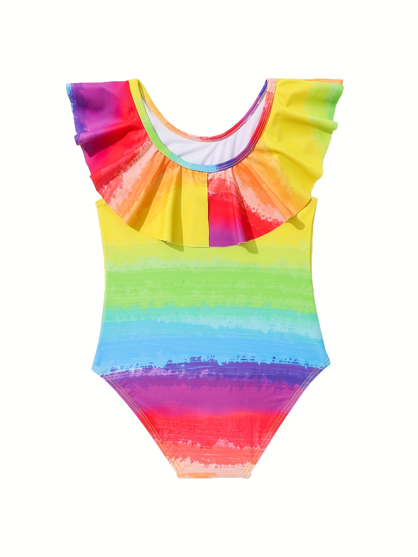 Gradient Rainbow Ruffle Trim Swimsuit for Girls